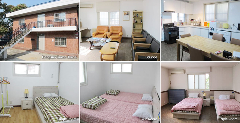 왼쪽에서 오른쪽으로, 위에서 아래순으로 Dongsan Guest House, Lounge, Kitchen, Single Room, Twin Room, Triple Room 이미지